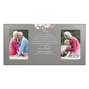 May include: A gray wooden picture frame with two photo openings. The frame has a floral design and the text "Mom" in a script font. The text below the photos reads "in our hearts" and "JOANNA SMITH" with the dates "JUNE 9, 1949 - OCTOBER 18, 2017". The frame is a memorial gift for a loved one.