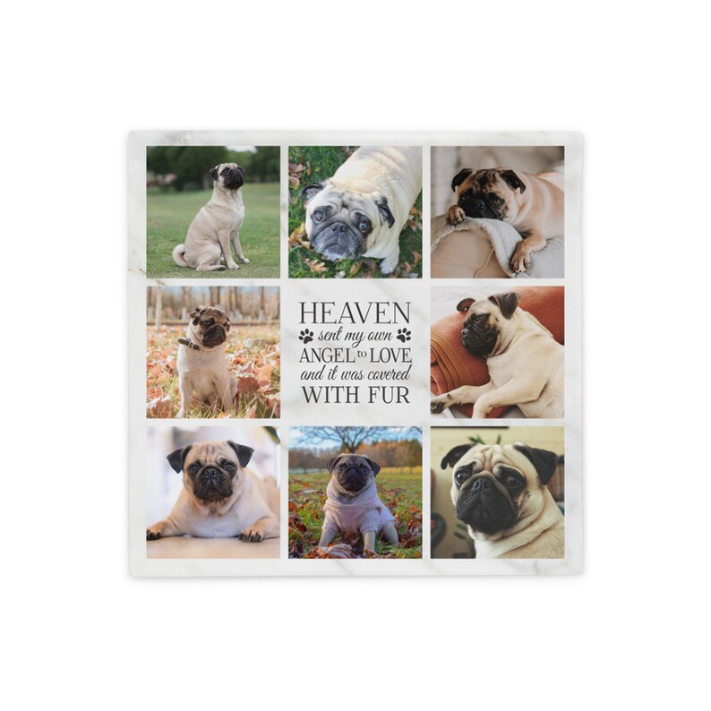 K&ouml;nnte beinhalten: Eine Collage aus Fotos von Mops mit dem Text "HEAVEN sent my own ANGEL to LOVE and it was covered WITH FUR" auf einem Marmorhintergrund.
