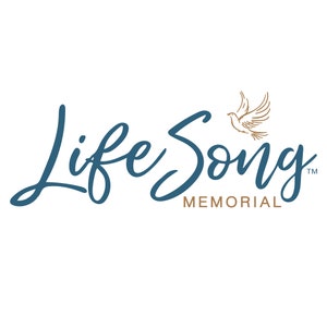 K&ouml;nnte beinhalten: Ein blaues und goldenes Logo f&uuml;r Life Song Memorial, mit einer stilisierten Taube im Flug.