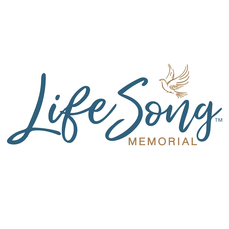 K&ouml;nnte beinhalten: Ein blaues und goldenes Logo f&uuml;r Life Song Memorial, mit einer stilisierten Taube im Flug.
