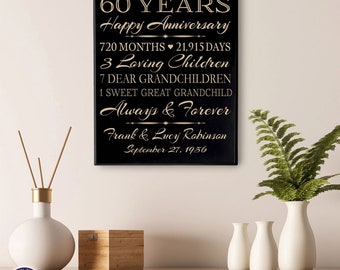 May include: Black wooden sign with gold text celebrating a 60th anniversary. The sign reads "60 Years Happy Anniversary 720 Months 21,915 Days 3 Loving Children 7 Dear Grandchildren 1 Sweet Great Grandchild Always & Forever Frank & Lucy Robinson September 27, 1956".