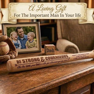 May include: A wooden baseball bat with the words "BE STRONG & COURAGEOUS" engraved on it, along with a bible verse. A framed photo, baseball glove, baseball, and a small wooden block that says "Dads" are also present. The bat is a Father's Day gift.