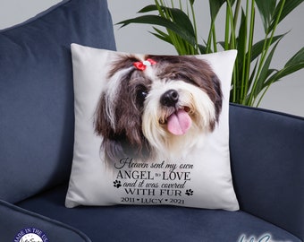 May include: White throw pillow with a black and white dog photo and the text "Heaven sent my own ANGEL TO LOVE and it was covered WITH FUR 2011 LUCY 2021".