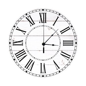 May include: White farmhouse style clock with black Roman numeral hour markers and black hands. The clock face has a wood grain texture.