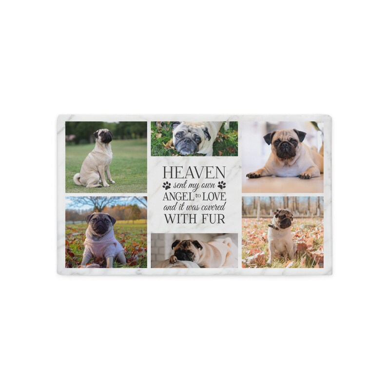 K&ouml;nnte beinhalten: Eine Collage aus Fotos eines Mops auf wei&szlig;em Marmor. Der Text "HEAVEN sent my own ANGEL to LOVE and it was covered WITH FUR" befindet sich in der Mitte der Collage.