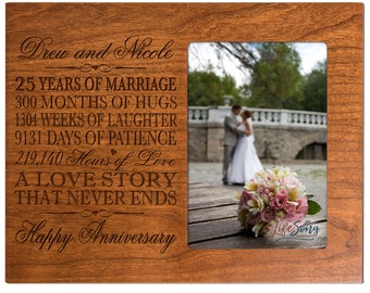 May include: A wooden photo frame with a personalized message for a 25th anniversary. The message reads "Drew and Nicole 25 Years of Marriage 300 Months of Hugs 1304 Weeks of Laughter 9131 Days of Patience 219,140 Hours of Love A Love Story That Never Ends Happy Anniversary". The frame has a photo of a couple in the background.