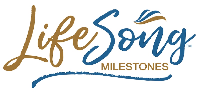 May include: A blue and gold logo with the text "Life Song Milestones" in a cursive font. The logo features a stylized wave design.