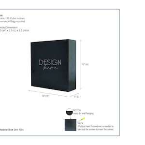 May include: A black shadow box urn measuring 10 inches by 10 inches by 3 inches with the text DESIGN here on the front. It includes a wall hanging notch and a back panel secured by screws, with an internal capacity of 189 cubic inches.
