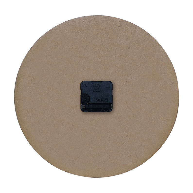 May include: The back of a round, brown clock with a black clock mechanism. The clock mechanism has the letters CE and the words "1288 Hz" printed on it.
