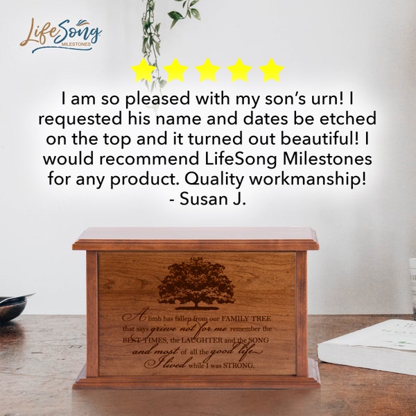 Custom Engraved Cherry Wood Urn for Human Ashes, Personalized Cremation Urn with Family Tree Poem, Handmade Memorial Keepsake, Funeral Decor