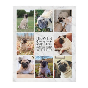 K&ouml;nnte beinhalten: Eine Collage mit Fotos eines Mops auf wei&szlig;em Marmorhintergrund. Der Text "HEAVEN sent my own ANGEL to LOVE and it was covered WITH FUR" befindet sich in der Mitte der Collage.