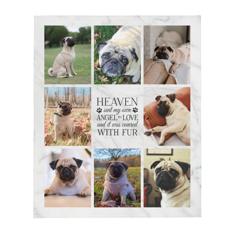 K&ouml;nnte beinhalten: Eine Collage mit Fotos eines Mops auf wei&szlig;em Marmorhintergrund. Der Text "HEAVEN sent my own ANGEL to LOVE and it was covered WITH FUR" befindet sich in der Mitte der Collage.