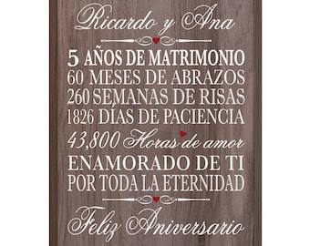 Regalo 5º Aniversario / Placa Aniversario Español / Regalo para Marido / Regalo para Esposa / Regalos en Español / 5º Aniversario de Bodas