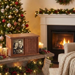 May include: A wooden memorial urn with a framed photo of a couple. The urn has a sliding panel with engraved text. The scene is set in a cozy room with a Christmas tree, fireplace, and lit candles.