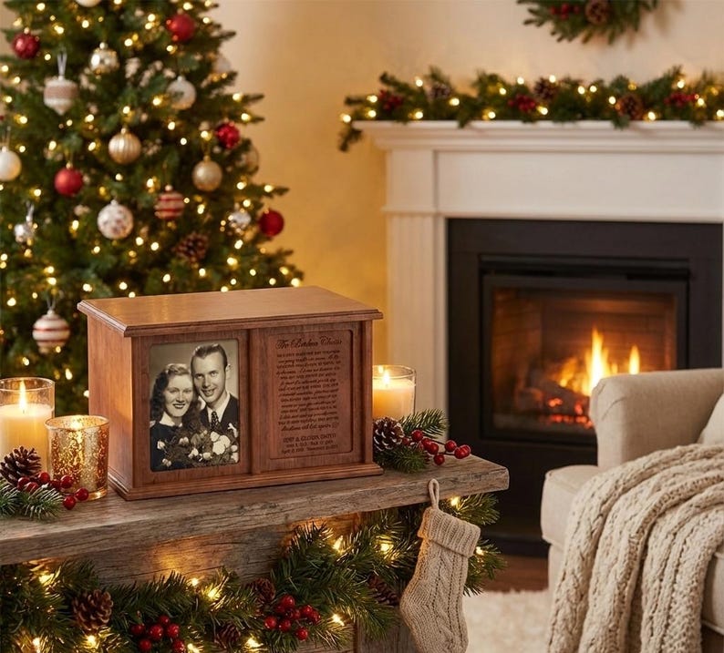 May include: A wooden memorial urn with a framed photo of a couple. The urn has a sliding panel with engraved text. The scene is set in a cozy room with a Christmas tree, fireplace, and lit candles.