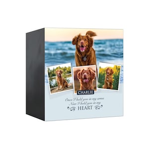 May include: A memorial box with a collage of photos of a brown dog. The box has a blue background with the text "CHARLIE Once I held you in my arms Now I hold you in my HEART".