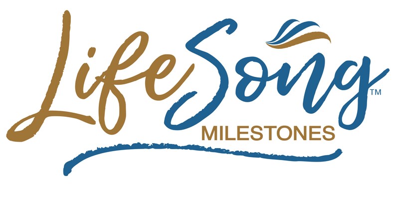 Pu&ograve; includere: Un logo blu e oro con il testo "Life Song Milestones" in un font corsivo. Il logo presenta un design a onda stilizzato.