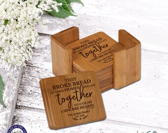 May include: Set of six bamboo coasters with a holder. Each coaster features a laser-engraved design with the text "They broke bread in their homes and ate together with glad & sincere hearts. The Avina Family Est. 2020".