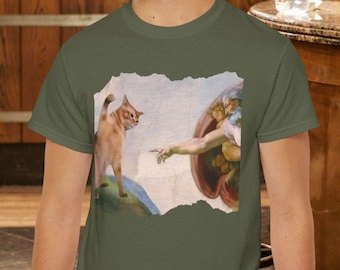 The Divine Swipe T-Shirt - Funny Cat Swatting God's Hand - Michelangelo Parody Art Tee