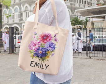 Personalized Birth Month Flower Tote Bag - Custom Cotton Canvas Shopper