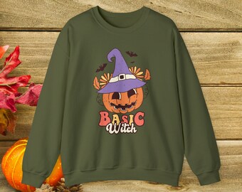 Retro Fall Sweatshirt - Basic Witch with Pumpkin - Unisex Crewneck Halloween Sweatshirt Autumn Shirts for Witches