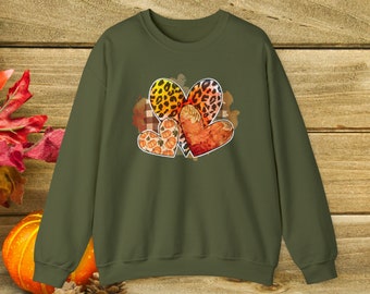 Love Fall Sweatshirt - Hearts with Leopard Spots - Unisex Crewneck Halloween Sweatshirt Love Autumn Shirts