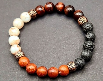 Handmade Gemstone & Wooden Bead Stretch Bracelet | Metal Spacer, Stackable Boho Jewelry