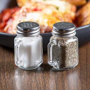 Salt and Pepper Shaker Set - Mason Jars with Handle Personalized for Spices or Mason Jar Shot Glasses. Includes Lid.