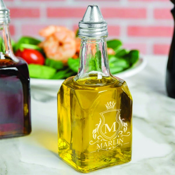 Oil and Vinegar Cruet with Pourer. Custom Personalized Engraved 6oz Cruet. Unique Custom Gifts for Kitchen.