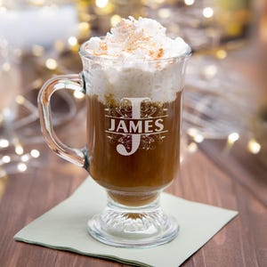 Irish Coffee Mug – Personalized Engraved Glass Mug with Name – Custom Coffee Cup, Gift for Him or Her, Barware & Kitchen Gift