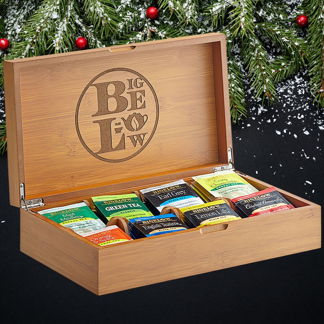Personalized Tea Chest Gift Set Engraved Bigelow Tea Organizer Wooden Box Chest Storage Holder