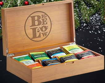 Personalized Tea Chest Gift Set - Engraved Bigelow Tea Organizer Wooden Box Chest Storage Holder Unique Gifts for Her