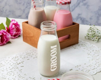 Custom Milk Bottle Embossed - Personalized Engraved Milk Bottle with lid. Bridesmaids gift for wedding bridal parties.