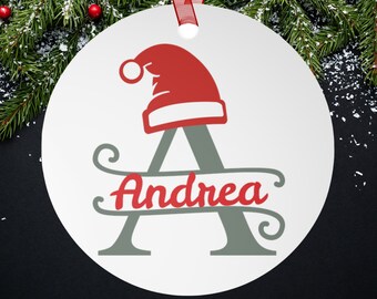 Holiday Decor - Personalized Christmas Ornament - Custom Holiday Ornament with Santa Hat, Monogram and Name