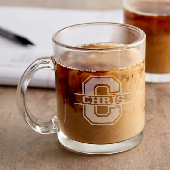 Custom Coffee Mug Personalized Laser Engraved Varsity Letter Coffee Mug 12  Oz Glass With Handle. Dishwasher Safe. 