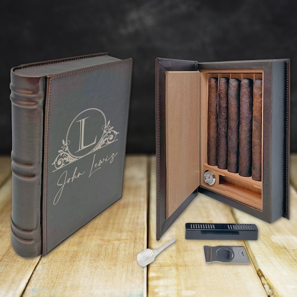 Cigar Box Leather Humidor Travel Case - Personalized cigar humidor holder Novelist edition with Monogram. Gifts for him.