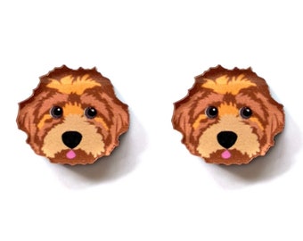 Cavoodle face stud earrings, up-cycled vinyl records, animal lover, dog, pet, original artwork, eco-friendly, fun, light weight, sustainable