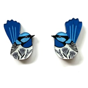 Fairy Wren stud earrings, recycled plastic, nature lover, bird, Australia, original artwork, eco-friendly, light weight, sustainable