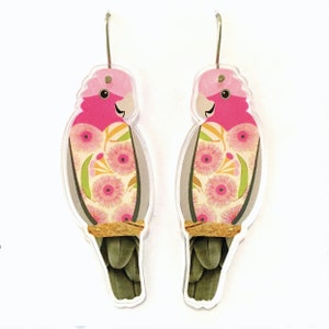 Galah Earrings 100% recycled acrylic earrings - original artwork, eco-friendly, colourful, light weight, statement, ethical, Australia bird