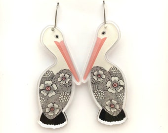 Beautiful Pelican Earrings, Eco-friendly, 100% Recycled acrylic, sustainable, native Australian Bird, wearable art, original artwork
