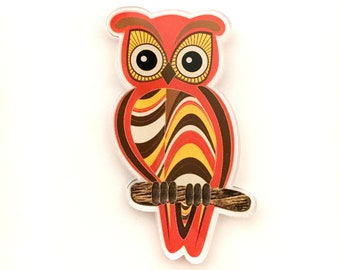 Funky Orange Owl, 100% recycled acrylic brooch - original artwork, eco-friendly, colourful, light weight, statement, ethical, bird