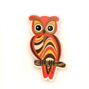 Funky Orange Owl, 100% recycled acrylic brooch - original artwork, eco-friendly, colourful, light weight, statement, ethical, bird