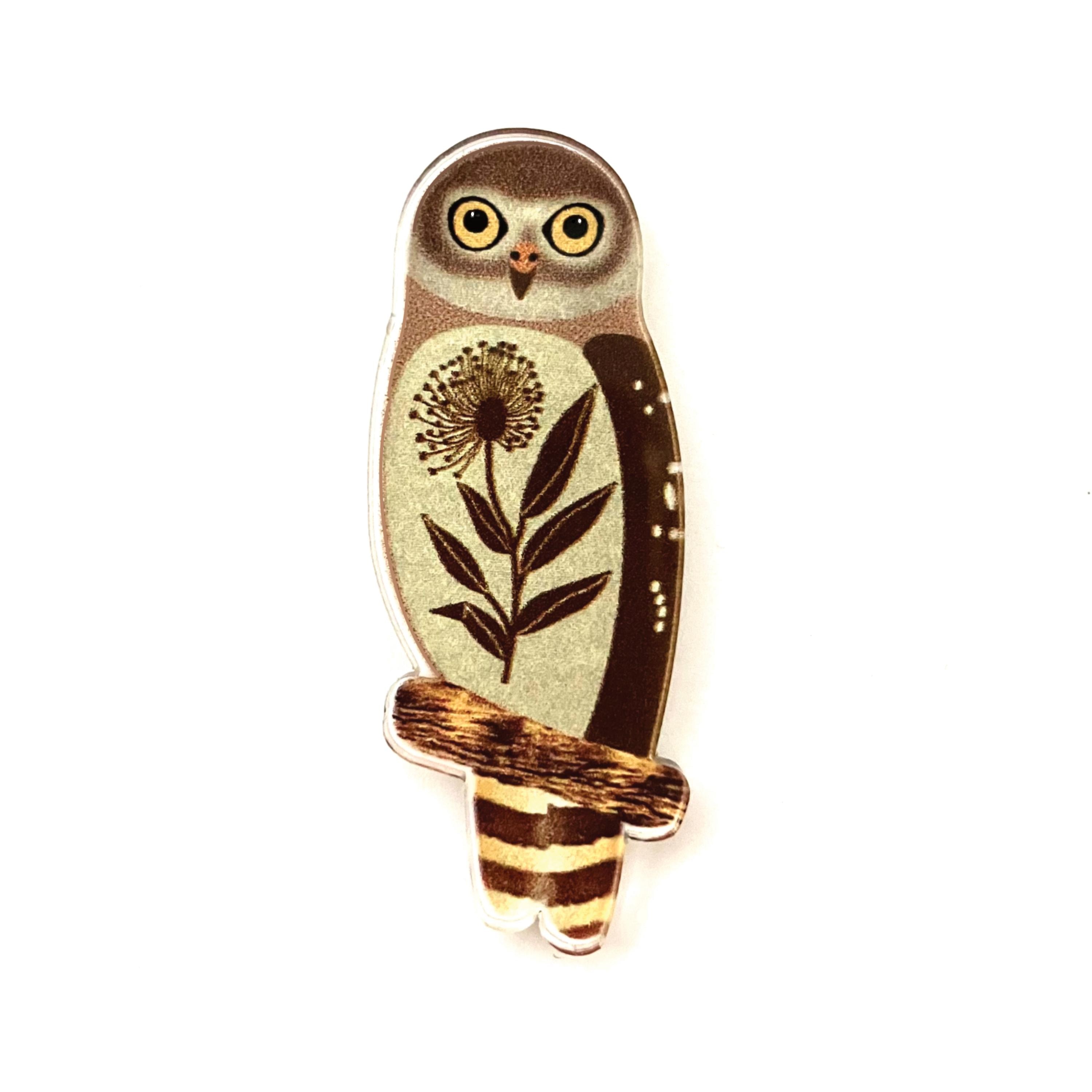 Barking Owl Pin Recycled Acrylic Ethical Eco-friendly Wearable Art Native Australian Bird Adorable O