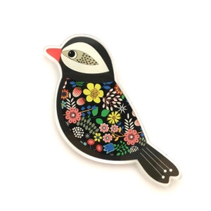 Cute Black Bird Brooch made from 100% recycled acrylic, original artwork, eco-friendly, retro, colourful, bright, sustainable, wearable art