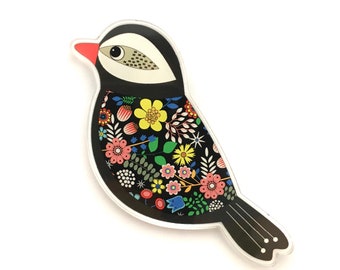 Cute Black Bird Brooch made from 100% recycled acrylic, original artwork, eco-friendly, retro, colourful, bright, sustainable, wearable art