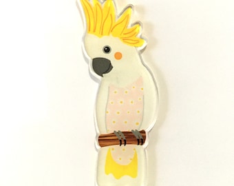 Sulphur Crested Cockatoo Brooch, 100% recycled acrylic, eco-friendly, original artwork, statement piece, sustainable, wearable art