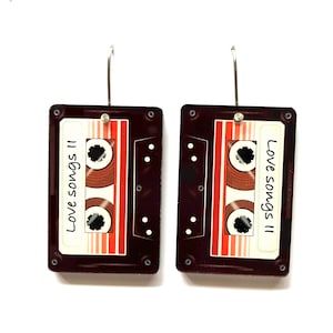 Cassette Tape Earrings made from Recycled Vinyl Records Eco-friendly Art lover Ethical Sustainable Wearable Art Statement Earring Retro