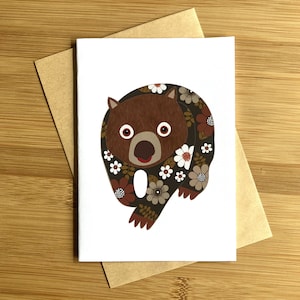 Australische Wombat wenskaart Native Wildlife originele kunstwerken unieke kunstenaar papier kwaliteit print mooi ontwerp blanco bloemen