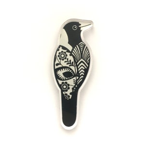 Magpie Pin Recycled Acrylic Ethical Eco-friendly Wearable Art Native Australian Bird Adorable Original Artwork