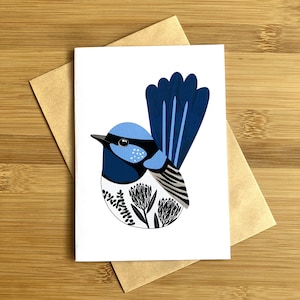 Biglietto d'auguri per uccelli australiani Fata blu scricciolo della fauna selvatica nativa Opere d'arte originali Carta artistica unica Stampa di qualità Bellissimo design vuoto